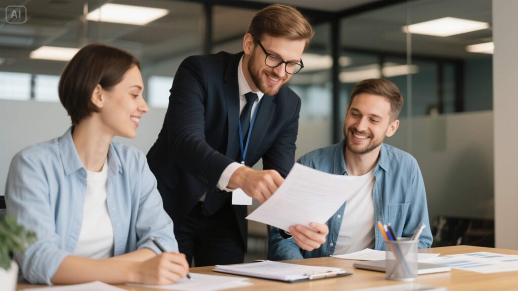 Mortgage agent assisting expat couple with property documents