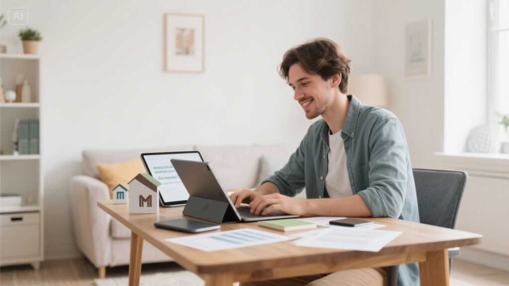 Creative freelancer working in a home office surrounded by digital devices and mortgage paperwork, looking confident.