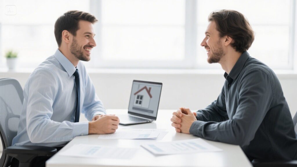 Mortgage broker consulting a self-employed freelancer in a modern office with documents and laptop