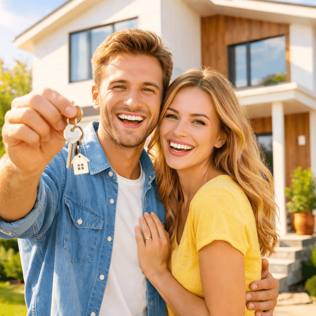 A happy young couple holding keys in front of their new, modern home.