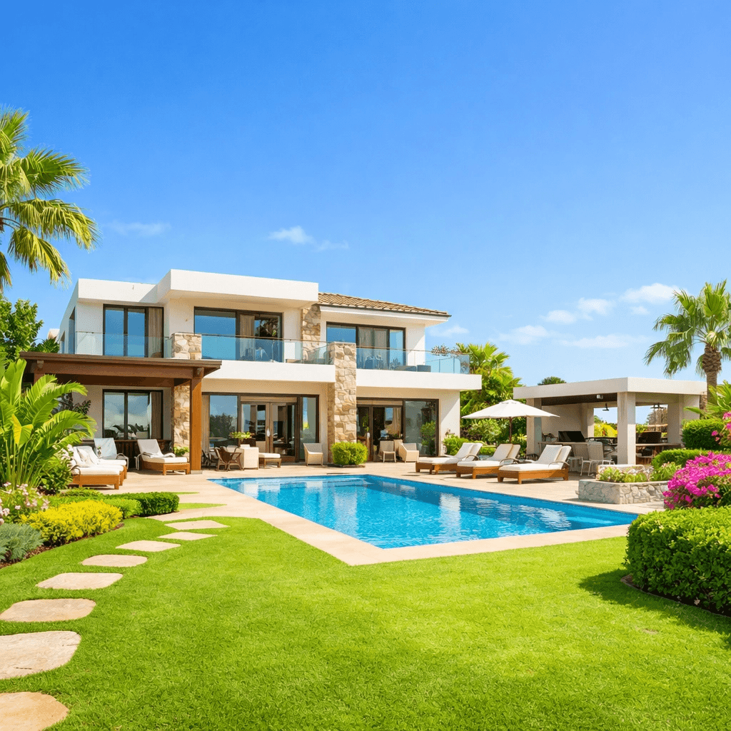 A luxurious modern residential villa with a swimming pool and lush garden.