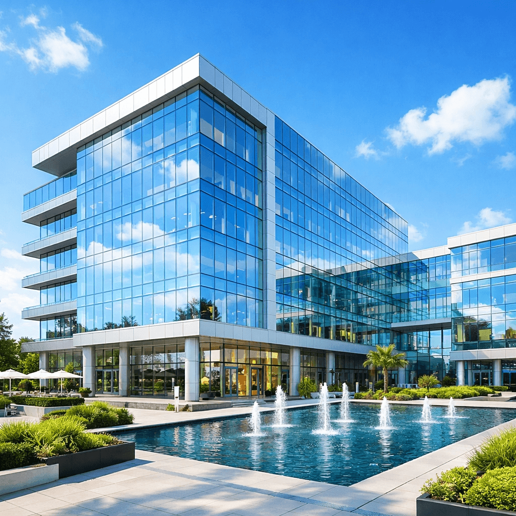 A sleek, modern commercial office building with a reflective glass facade and water features.