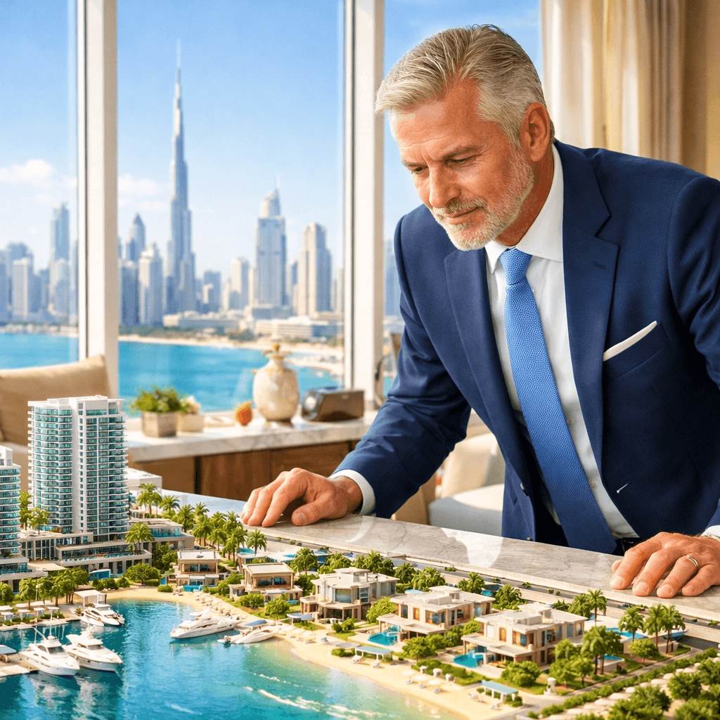 A global investor examining a detailed model of a luxury property development in Dubai.