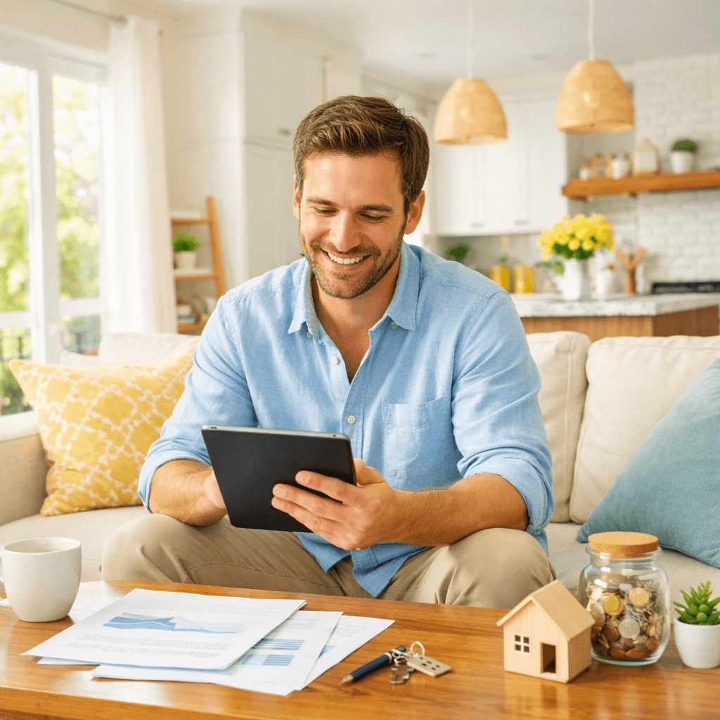 A smiling homeowner reviewing documents on a tablet in a bright, renovated living room.