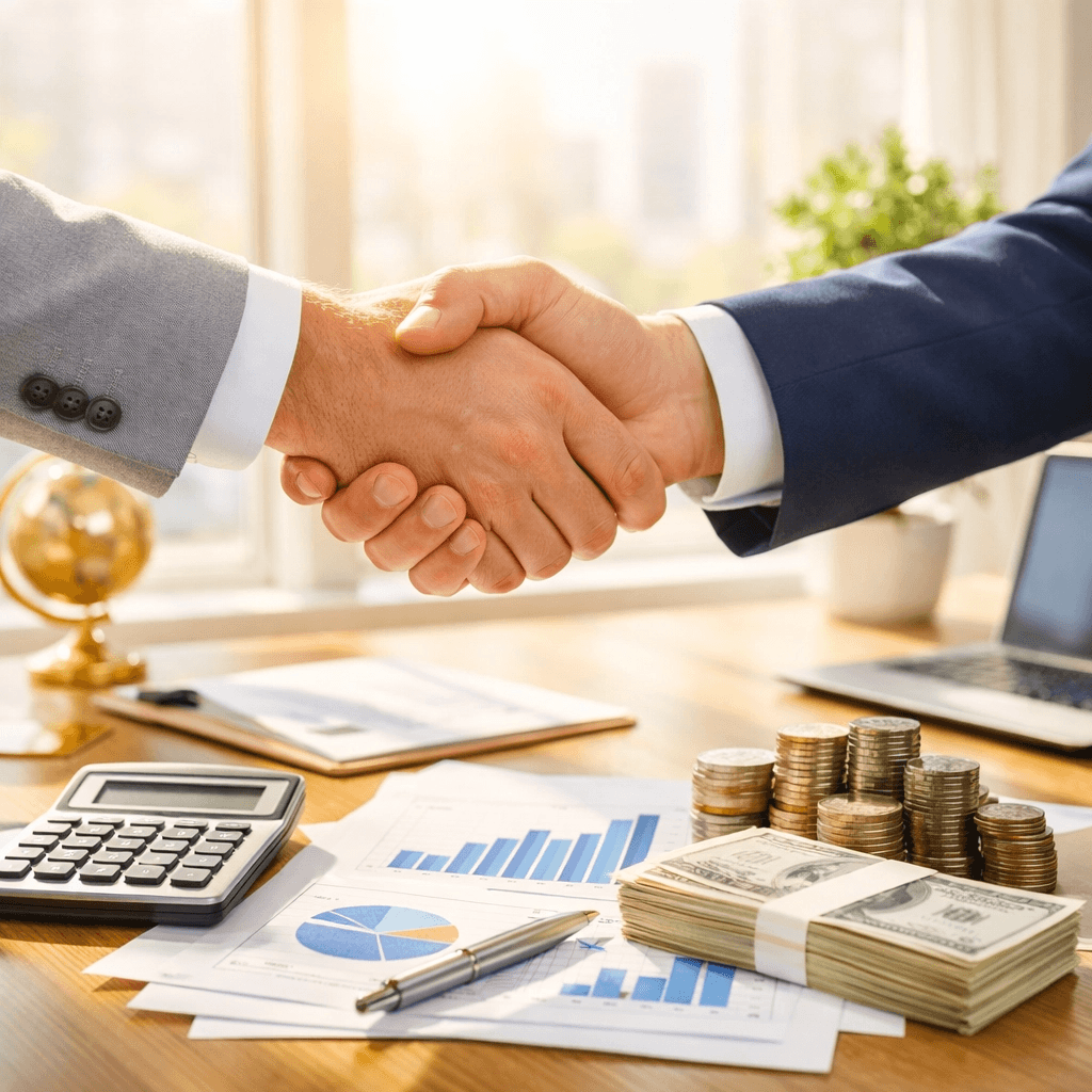 A professional handshake between two individuals over a desk with financial documents and money.