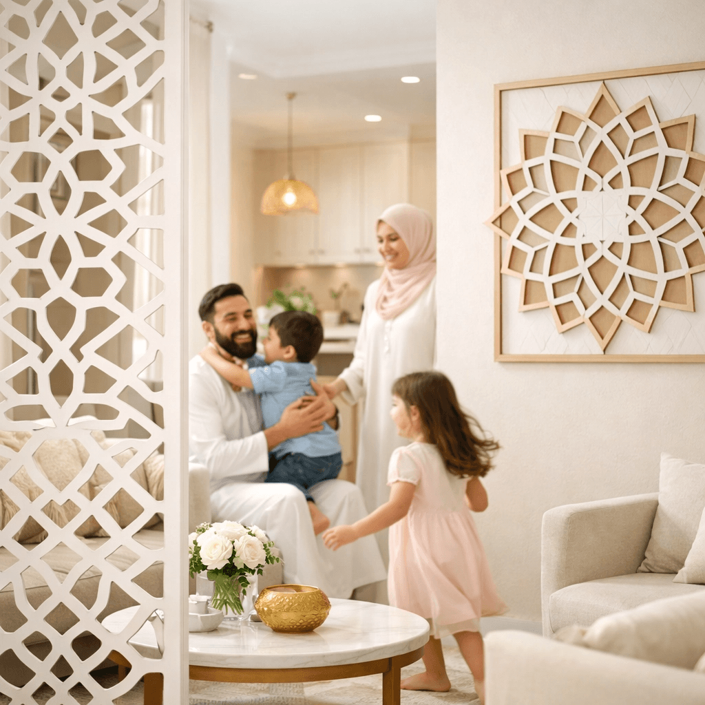 A family in a modern home with subtle Islamic architectural design elements, enjoying a peaceful moment.